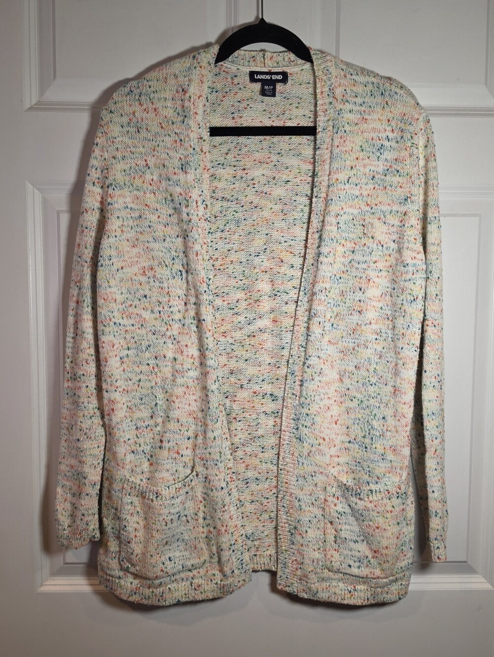 Lands' End Women's Cream Speckled Open-Front Cardigan Sweater Cotton Blend